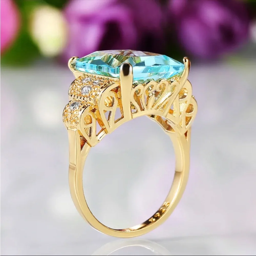 NEW Yellow Gold Plated  Blue Square Ring